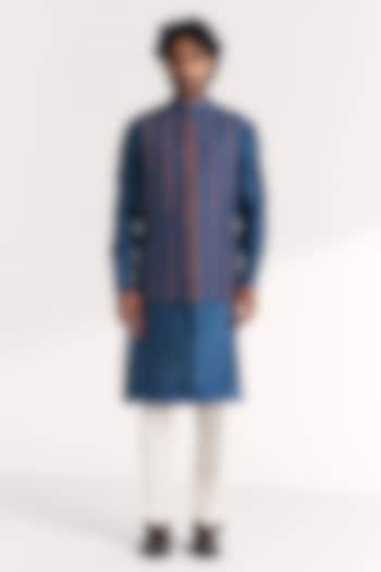 Blue Linen Satin Floral Embroidered Nehru Jacket Set by Studio Bagechaa Men at Pernia's Pop Up Shop