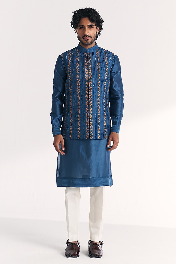 Blue Linen Satin Floral Embroidered Nehru Jacket Set by Studio Bagechaa Men at Pernia's Pop Up Shop