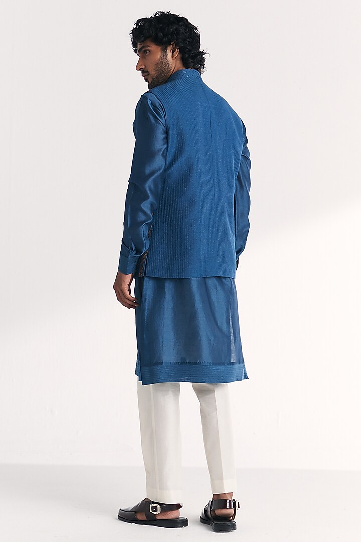 Blue Linen Satin Floral Embroidered Nehru Jacket Set by Studio Bagechaa Men at Pernia's Pop Up Shop