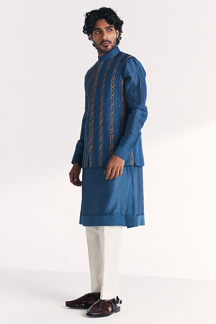 Blue Linen Satin Floral Embroidered Nehru Jacket Set by Studio Bagechaa Men at Pernia's Pop Up Shop