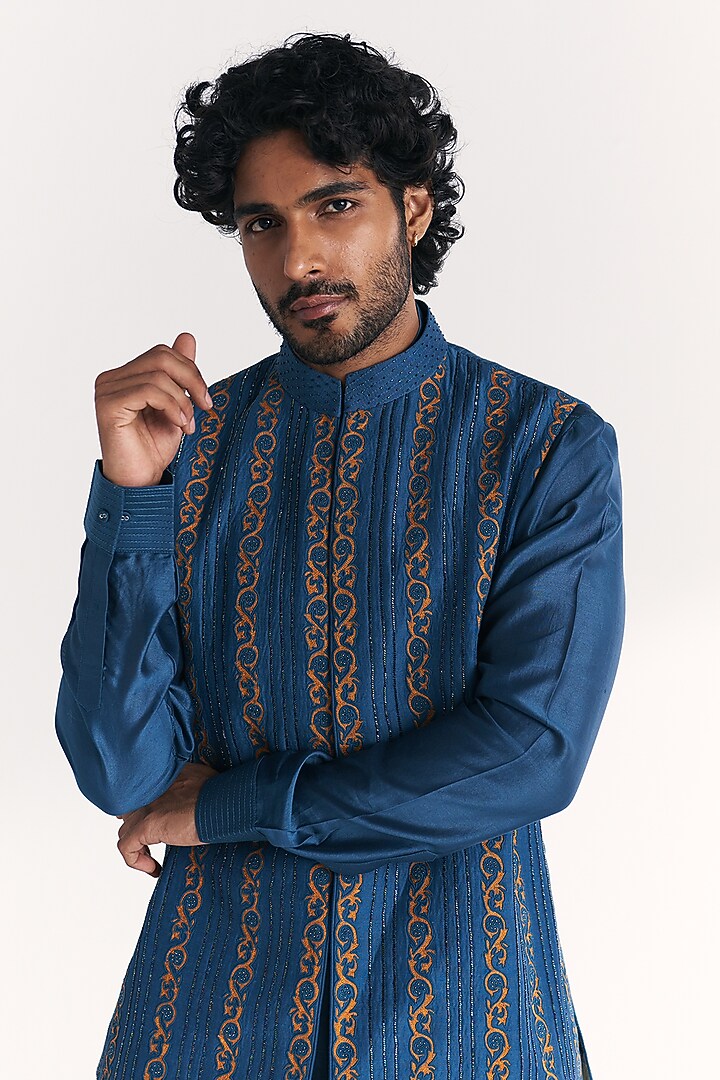 Blue Linen Satin Floral Embroidered Nehru Jacket Set by Studio Bagechaa Men at Pernia's Pop Up Shop