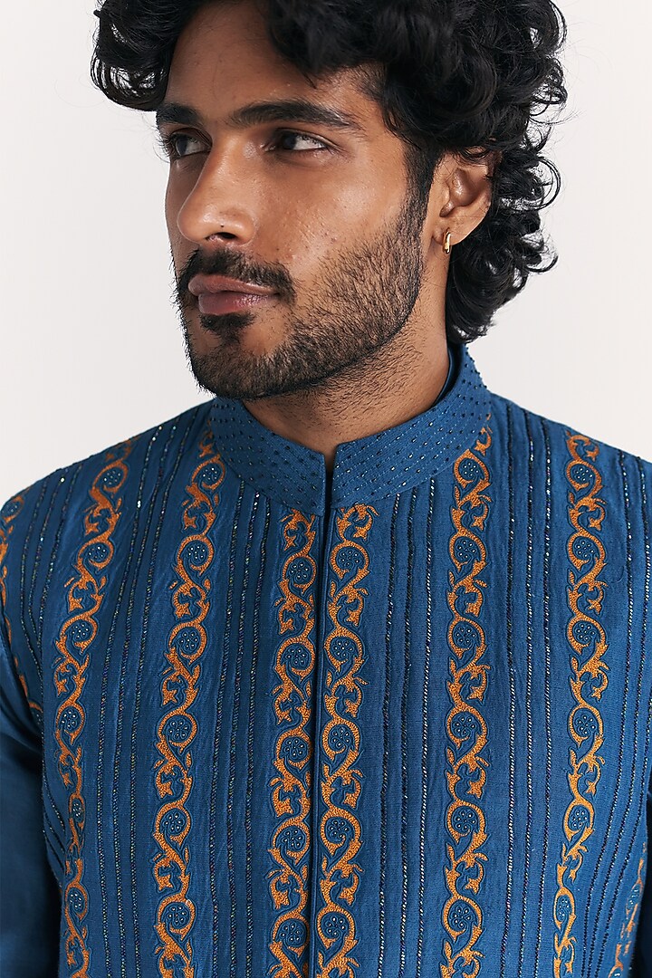 Blue Linen Satin Floral Embroidered Nehru Jacket Set by Studio Bagechaa Men at Pernia's Pop Up Shop
