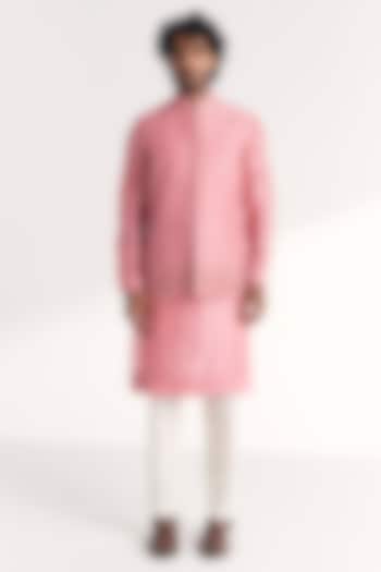 Pink Linen Satin Floral Embroidered Nehru Jacket Set by Studio Bagechaa Men at Pernia's Pop Up Shop