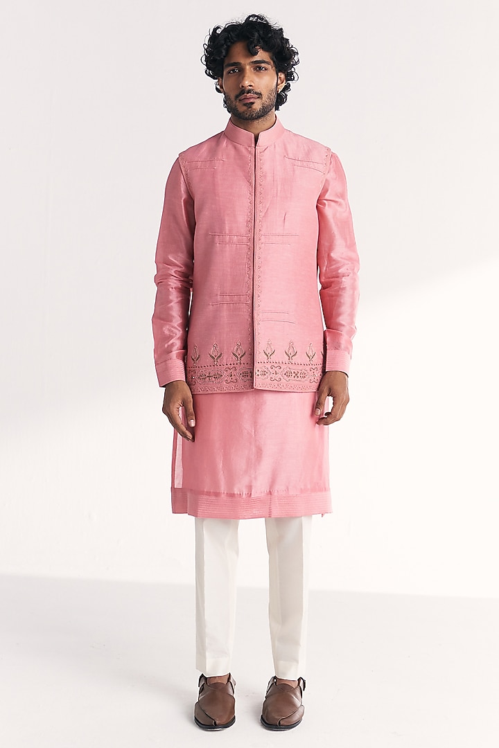 Pink Linen Satin Floral Embroidered Nehru Jacket Set by Studio Bagechaa Men at Pernia's Pop Up Shop