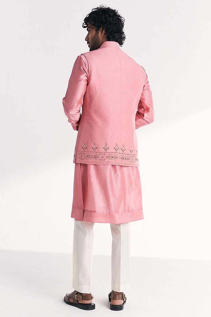 Pink Linen Satin Floral Embroidered Nehru Jacket Set by Studio Bagechaa Men at Pernia's Pop Up Shop