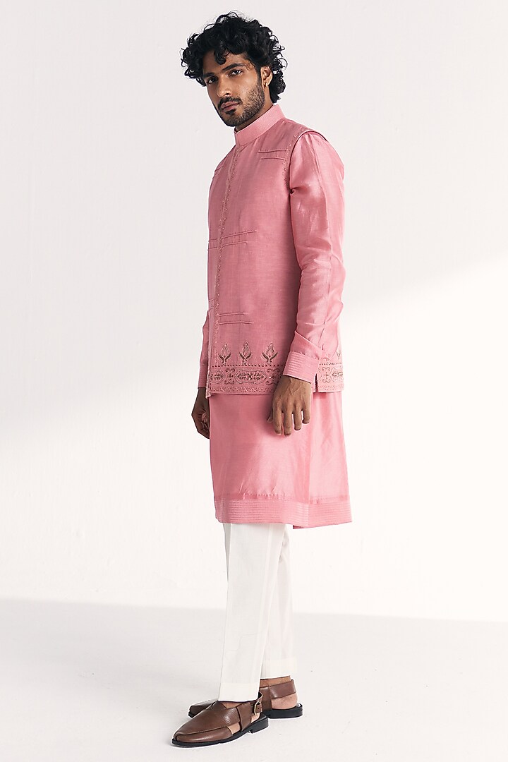 Pink Linen Satin Floral Embroidered Nehru Jacket Set by Studio Bagechaa Men at Pernia's Pop Up Shop