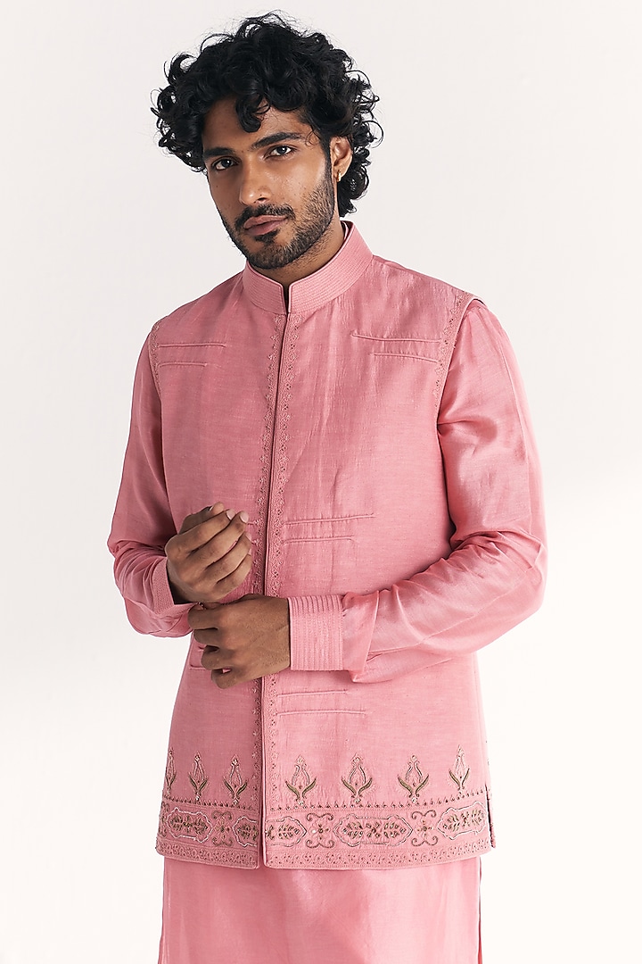Pink Linen Satin Floral Embroidered Nehru Jacket Set by Studio Bagechaa Men at Pernia's Pop Up Shop