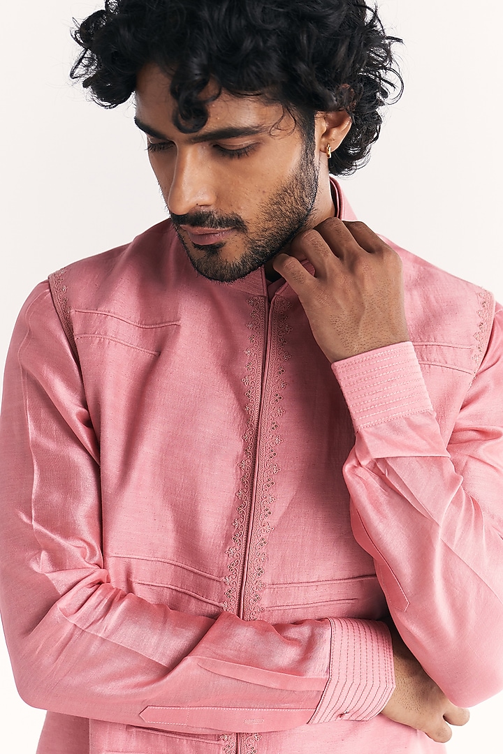 Pink Linen Satin Floral Embroidered Nehru Jacket Set by Studio Bagechaa Men at Pernia's Pop Up Shop