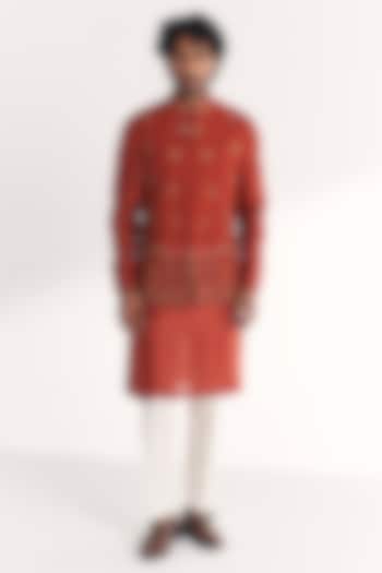 Rust Linen Satin Floral Embroidered Nehru Jacket Set by Studio Bagechaa Men at Pernia's Pop Up Shop
