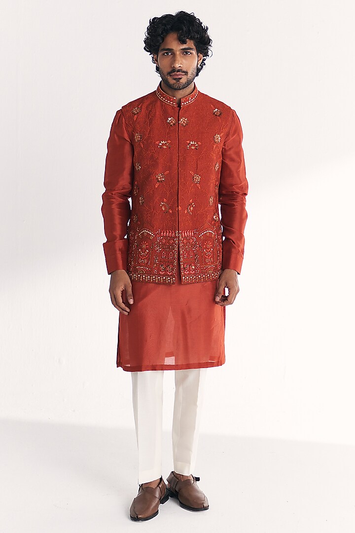 Rust Linen Satin Floral Embroidered Nehru Jacket Set by Studio Bagechaa Men at Pernia's Pop Up Shop