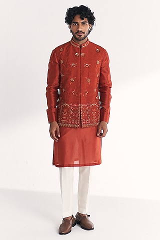 Rust Linen Satin Floral Embroidered Nehru Jacket Set by Studio Bagechaa Men