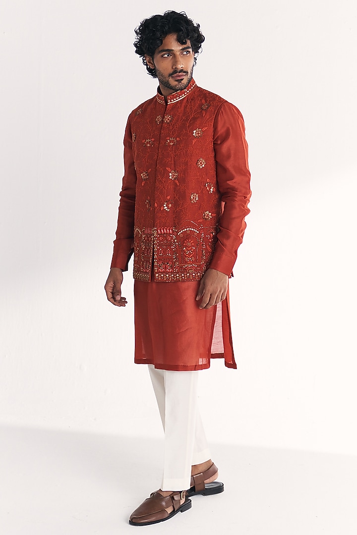 Rust Linen Satin Floral Embroidered Nehru Jacket Set by Studio Bagechaa Men at Pernia's Pop Up Shop