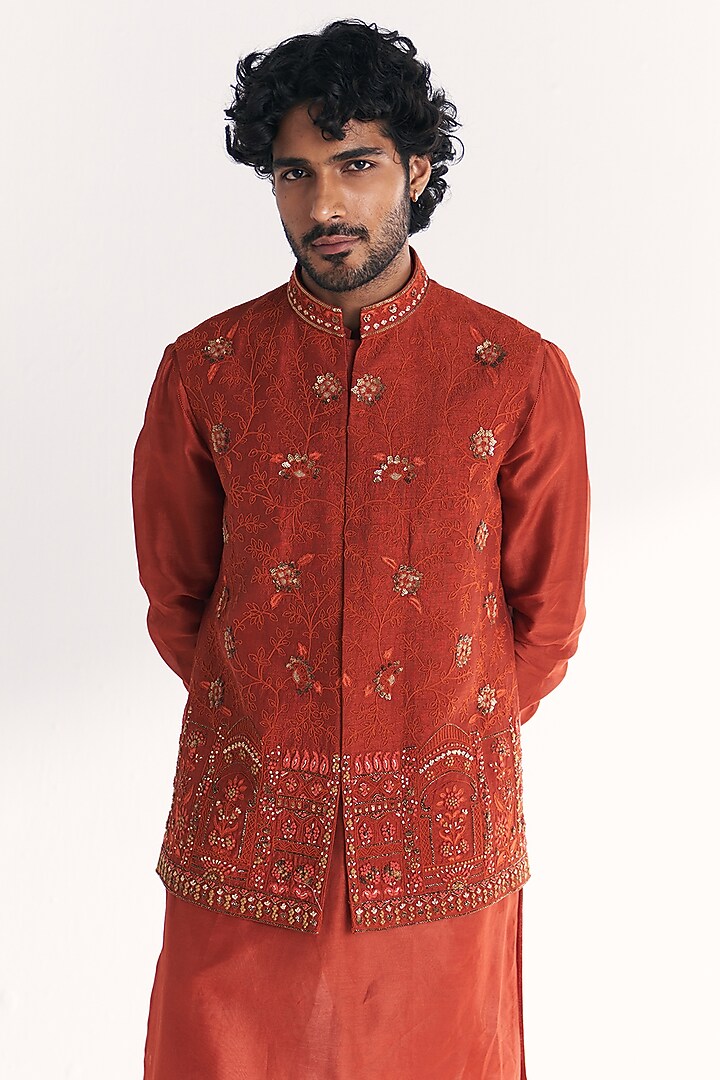 Rust Linen Satin Floral Embroidered Nehru Jacket Set by Studio Bagechaa Men at Pernia's Pop Up Shop