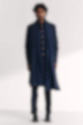 Blue Raw Silk Handwork Achkan Set by Studio Bagechaa Men at Pernia's Pop Up Shop