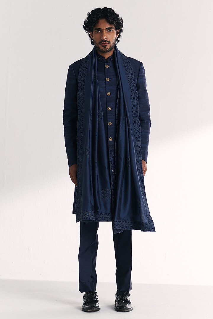 Blue Raw Silk Handwork Achkan Set by Studio Bagechaa Men at Pernia's Pop Up Shop