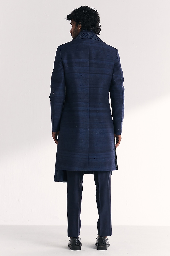 Blue Raw Silk Handwork Achkan Set by Studio Bagechaa Men at Pernia's Pop Up Shop
