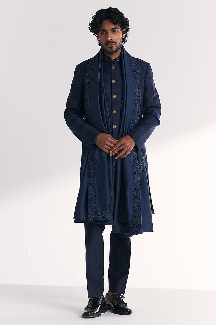 Blue Raw Silk Handwork Achkan Set by Studio Bagechaa Men at Pernia's Pop Up Shop