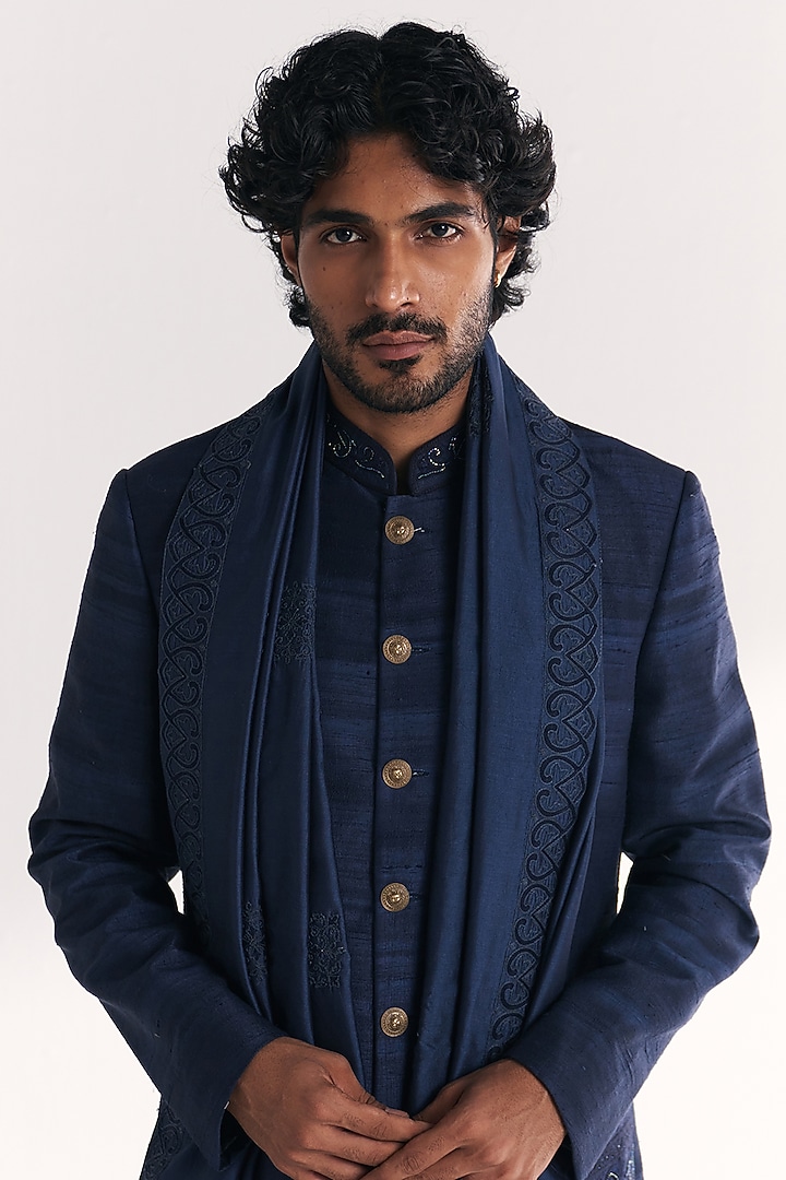 Blue Raw Silk Handwork Achkan Set by Studio Bagechaa Men at Pernia's Pop Up Shop
