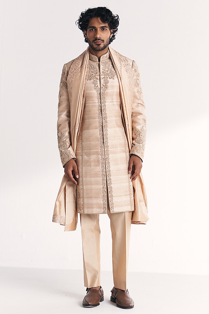 Ivory Raw Silk Handwork Achkan Set by Studio Bagechaa Men at Pernia's Pop Up Shop