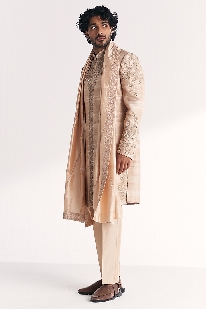 Ivory Raw Silk Handwork Achkan Set by Studio Bagechaa Men at Pernia's Pop Up Shop