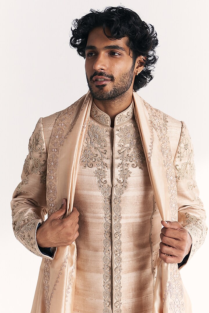 Ivory Raw Silk Handwork Achkan Set by Studio Bagechaa Men at Pernia's Pop Up Shop