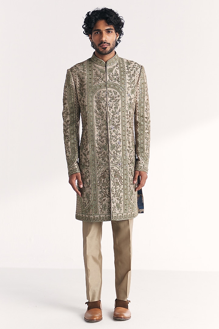 Green Raw Silk Handwork Achkan Set by Studio Bagechaa Men at Pernia's Pop Up Shop