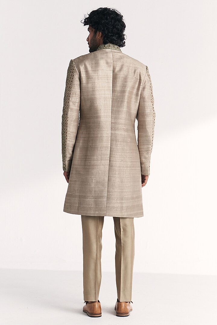 Green Raw Silk Handwork Achkan Set by Studio Bagechaa Men at Pernia's Pop Up Shop