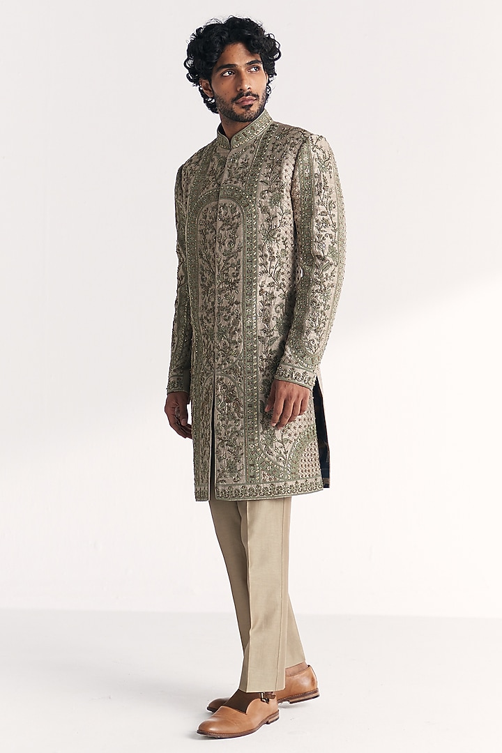 Green Raw Silk Handwork Achkan Set by Studio Bagechaa Men at Pernia's Pop Up Shop