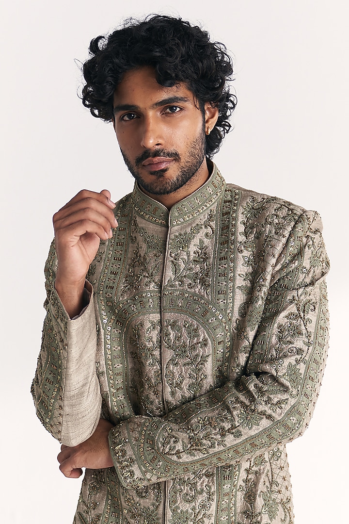 Green Raw Silk Handwork Achkan Set by Studio Bagechaa Men at Pernia's Pop Up Shop