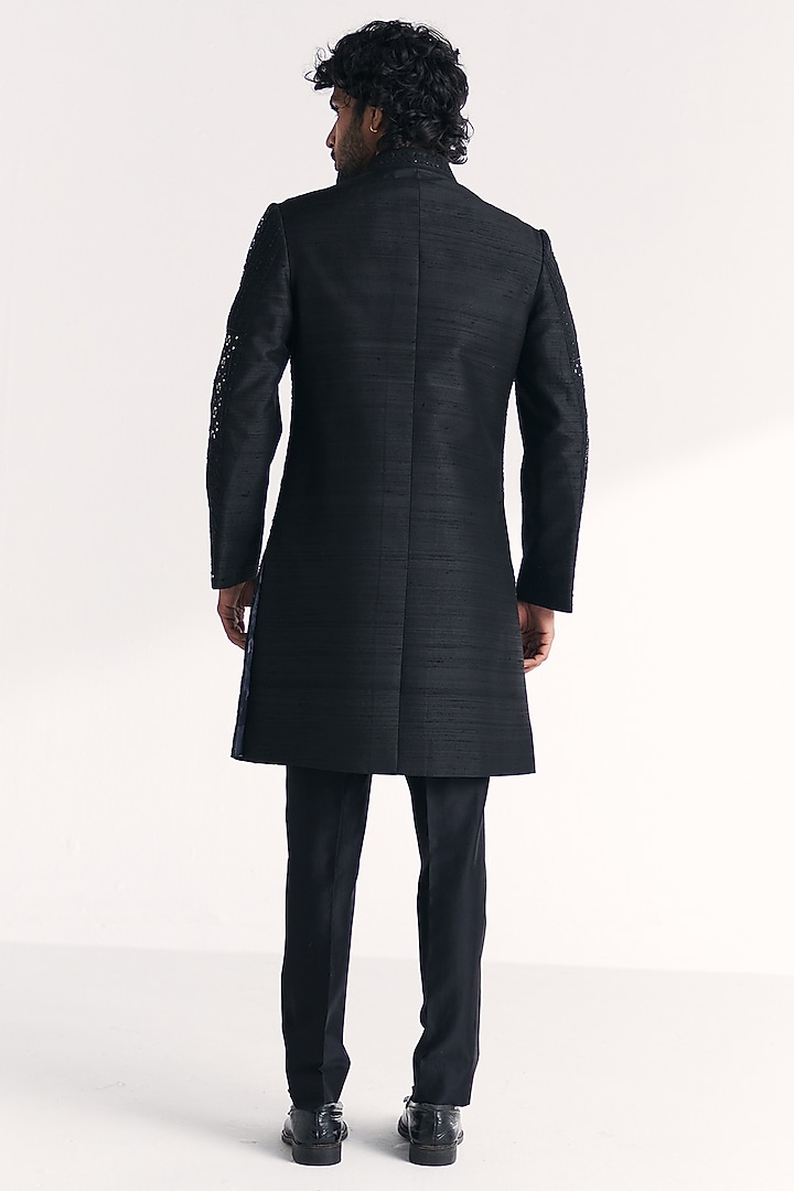 Black Raw Silk Handwork Achkan Set by Studio Bagechaa Men at Pernia's Pop Up Shop