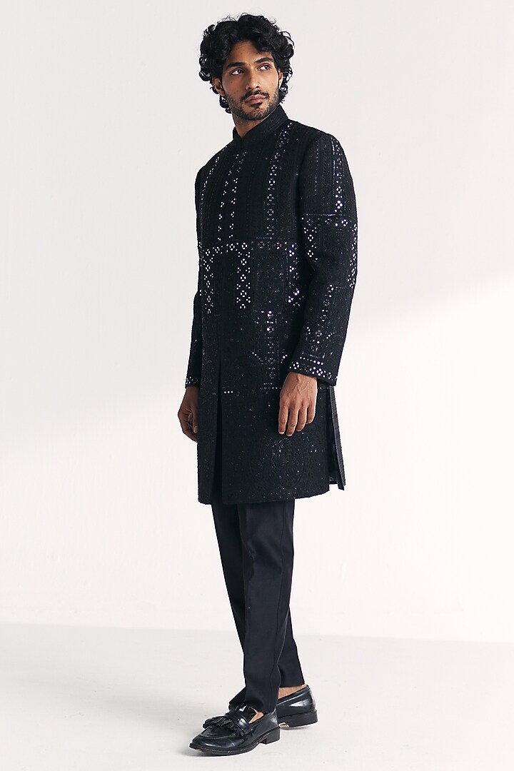 Black Raw Silk Handwork Achkan Set by Studio Bagechaa Men at Pernia's Pop Up Shop