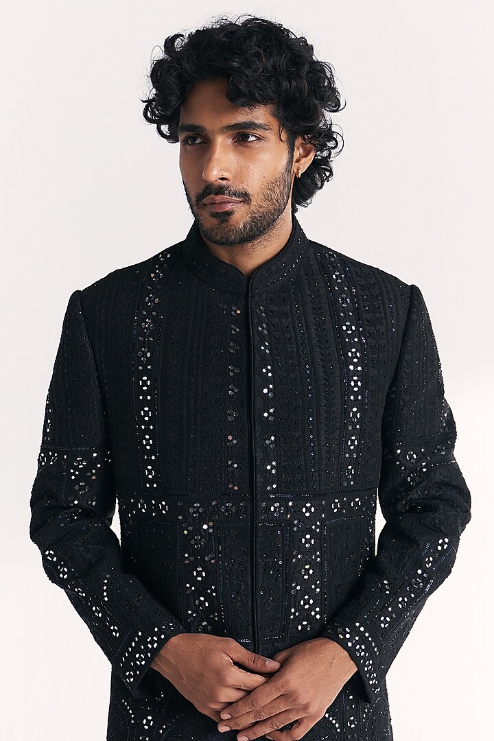 Black Raw Silk Handwork Achkan Set by Studio Bagechaa Men at Pernia's Pop Up Shop