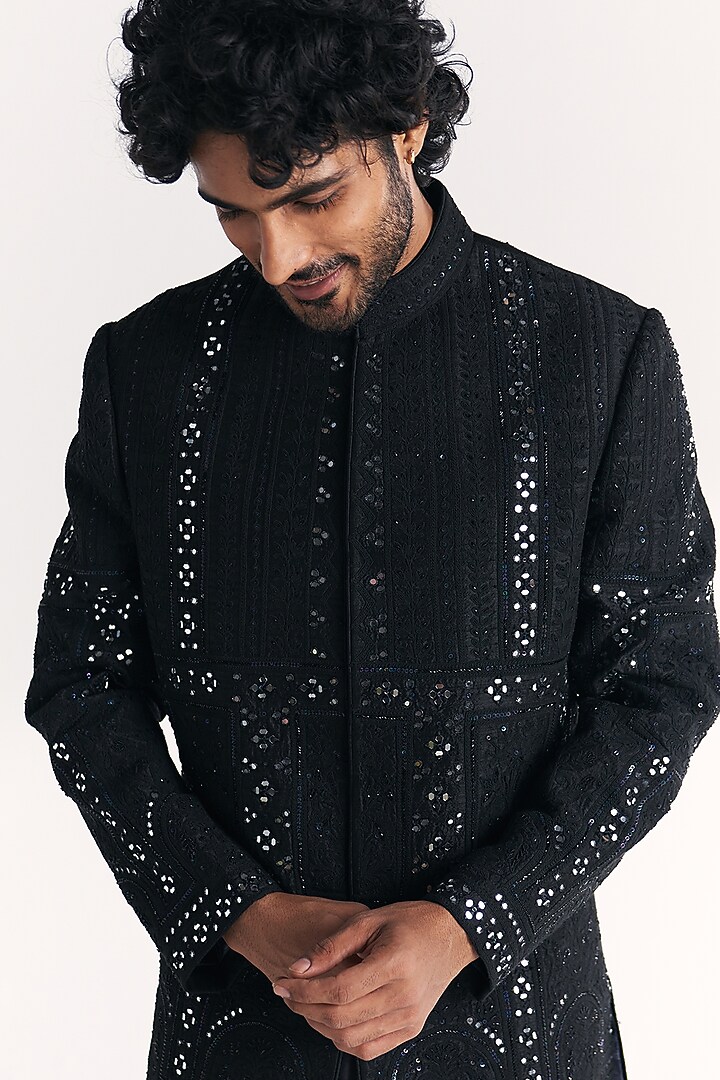 Black Raw Silk Handwork Achkan Set by Studio Bagechaa Men at Pernia's Pop Up Shop