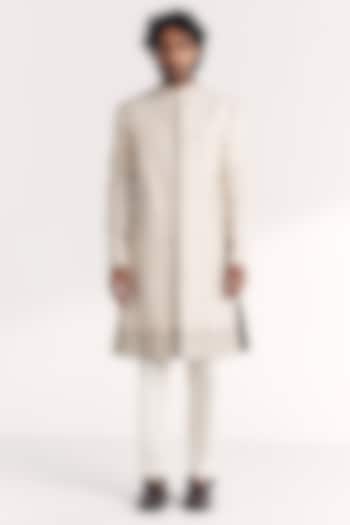 Ivory Raw Silk Handwork Achkan Set by Studio Bagechaa Men at Pernia's Pop Up Shop