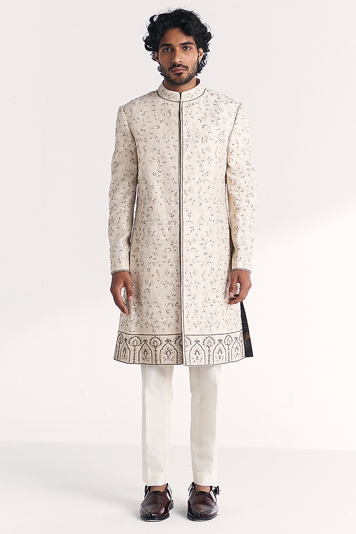 Ivory Raw Silk Handwork Achkan Set by Studio Bagechaa Men at Pernia's Pop Up Shop