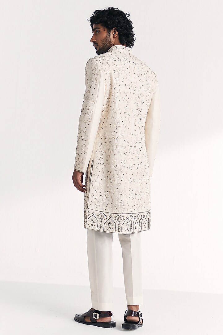 Ivory Raw Silk Handwork Achkan Set by Studio Bagechaa Men at Pernia's Pop Up Shop