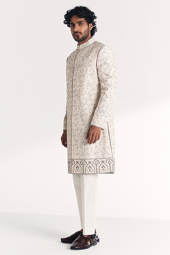 Ivory Raw Silk Handwork Achkan Set by Studio Bagechaa Men at Pernia's Pop Up Shop