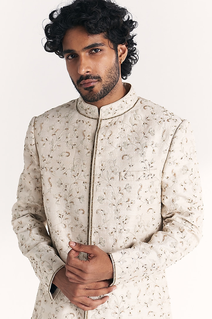 Ivory Raw Silk Handwork Achkan Set by Studio Bagechaa Men at Pernia's Pop Up Shop