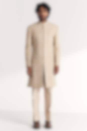 Ivory Raw Silk & Chanderi Embroidered Achkan Set by Studio Bagechaa Men at Pernia's Pop Up Shop