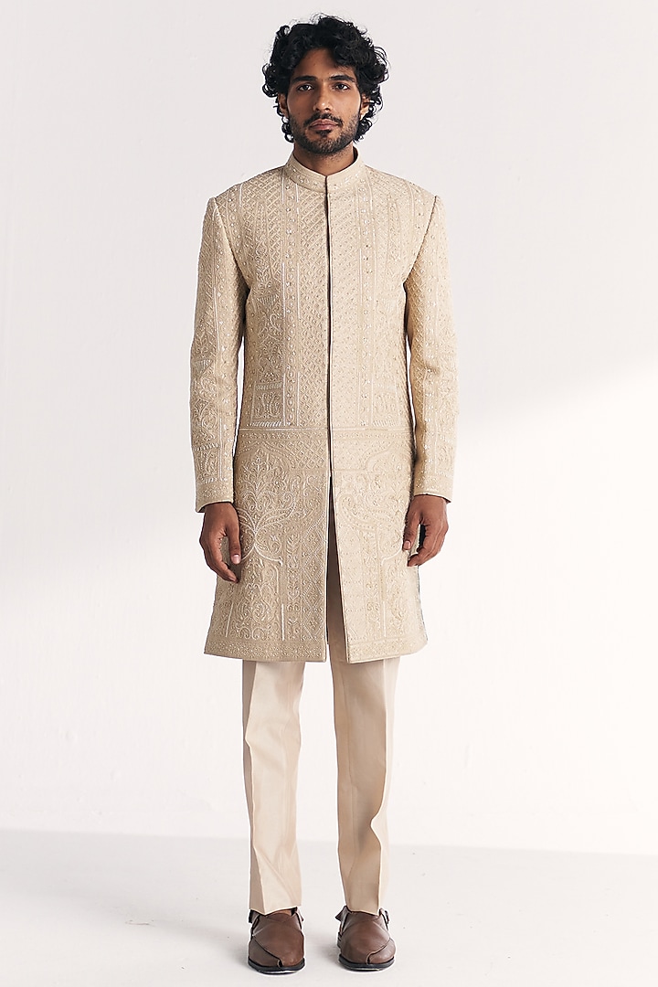 Ivory Raw Silk & Chanderi Embroidered Achkan Set by Studio Bagechaa Men at Pernia's Pop Up Shop