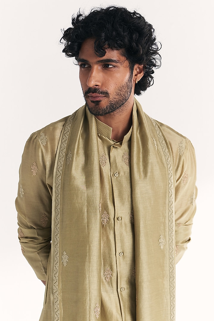 Green Chanderi Hand Embroidered Kurta Set by Studio Bagechaa Men at Pernia's Pop Up Shop