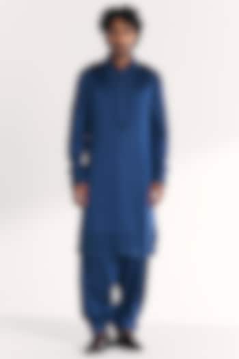 Blue Linen Satin Dori Embroidered Pathani Kurta Set by Studio Bagechaa Men at Pernia's Pop Up Shop