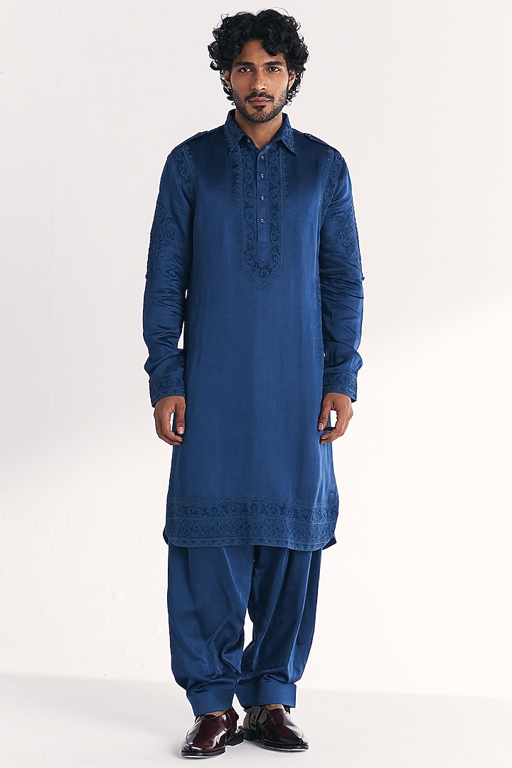 Blue Linen Satin Dori Embroidered Pathani Kurta Set by Studio Bagechaa Men at Pernia's Pop Up Shop