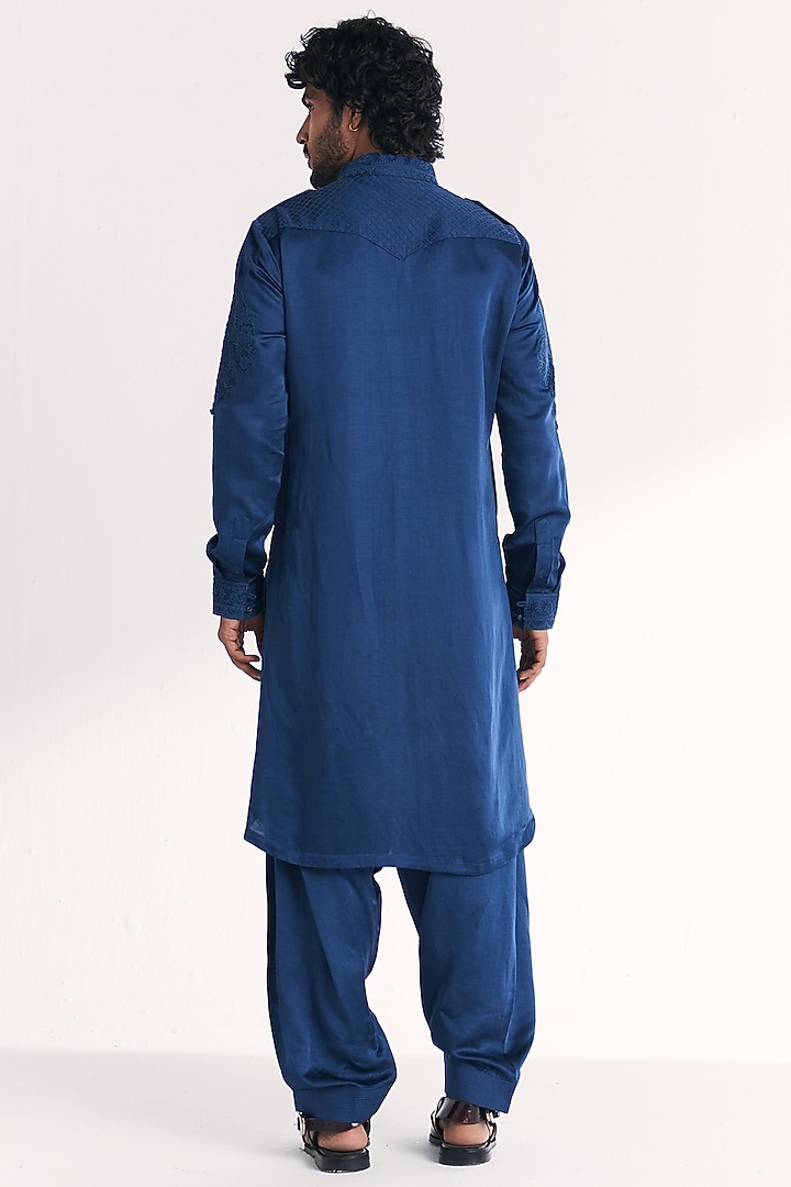 Blue Linen Satin Dori Embroidered Pathani Kurta Set by Studio Bagechaa Men at Pernia's Pop Up Shop
