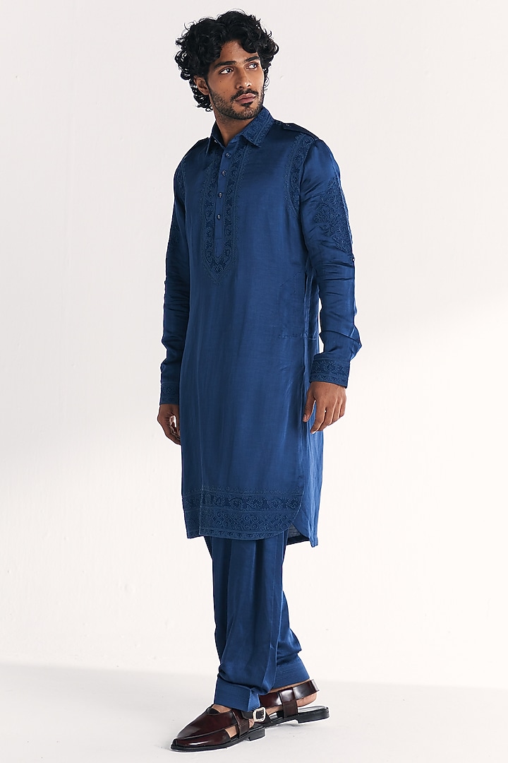 Blue Linen Satin Dori Embroidered Pathani Kurta Set by Studio Bagechaa Men at Pernia's Pop Up Shop