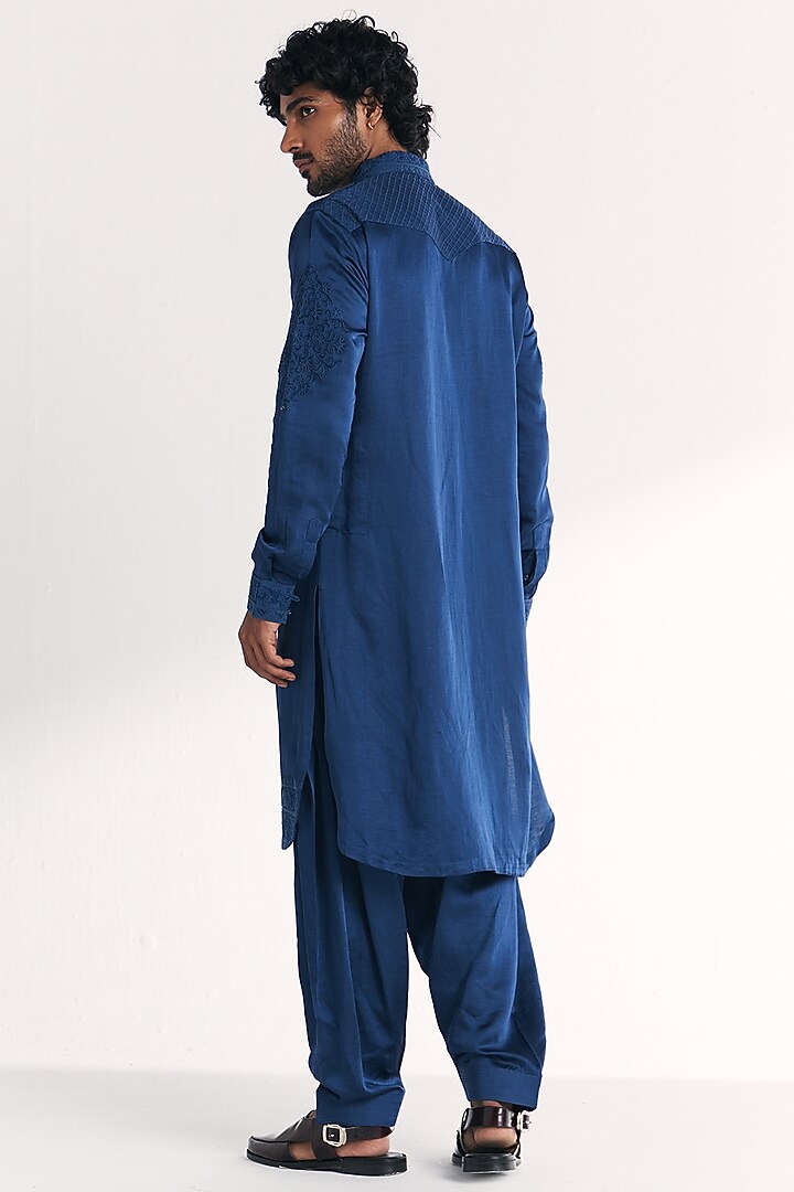 Blue Linen Satin Dori Embroidered Pathani Kurta Set by Studio Bagechaa Men at Pernia's Pop Up Shop