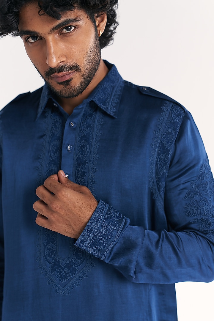 Blue Linen Satin Dori Embroidered Pathani Kurta Set by Studio Bagechaa Men at Pernia's Pop Up Shop