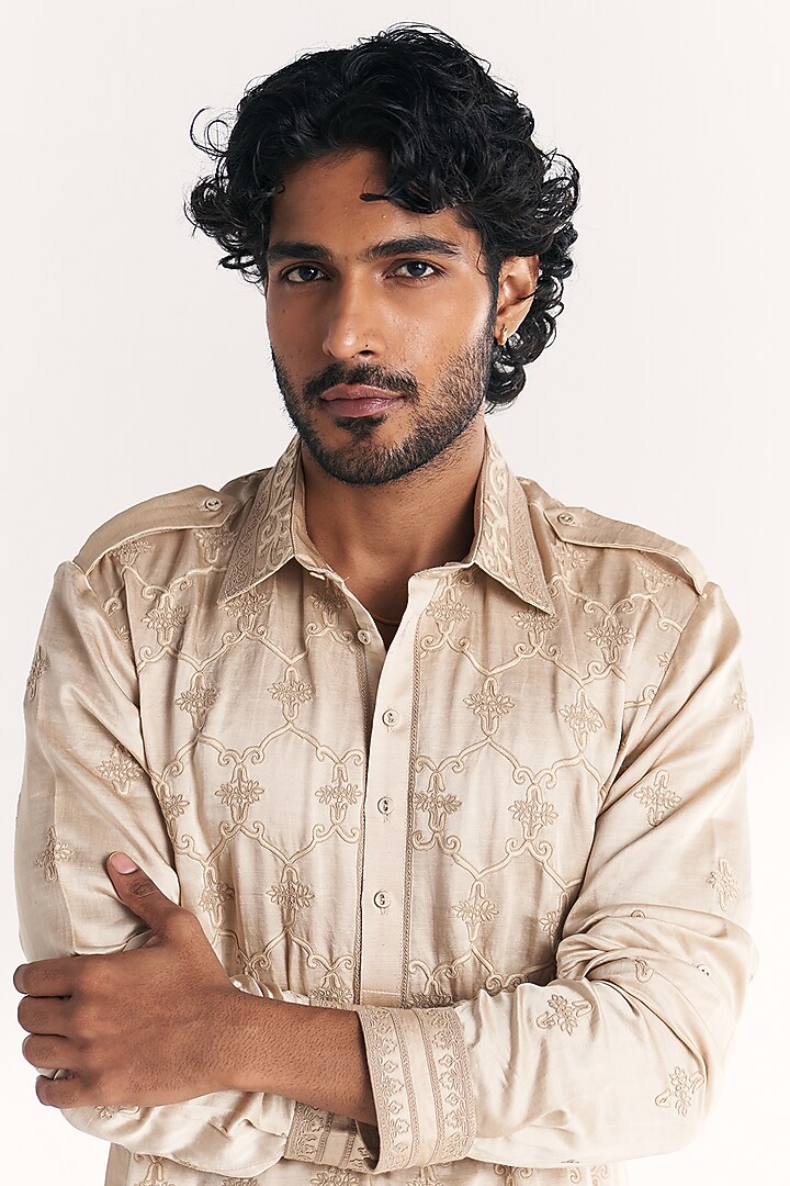 Ivory Linen Satin Dori Embroidered Pathani Kurta Set by Studio Bagechaa Men at Pernia's Pop Up Shop
