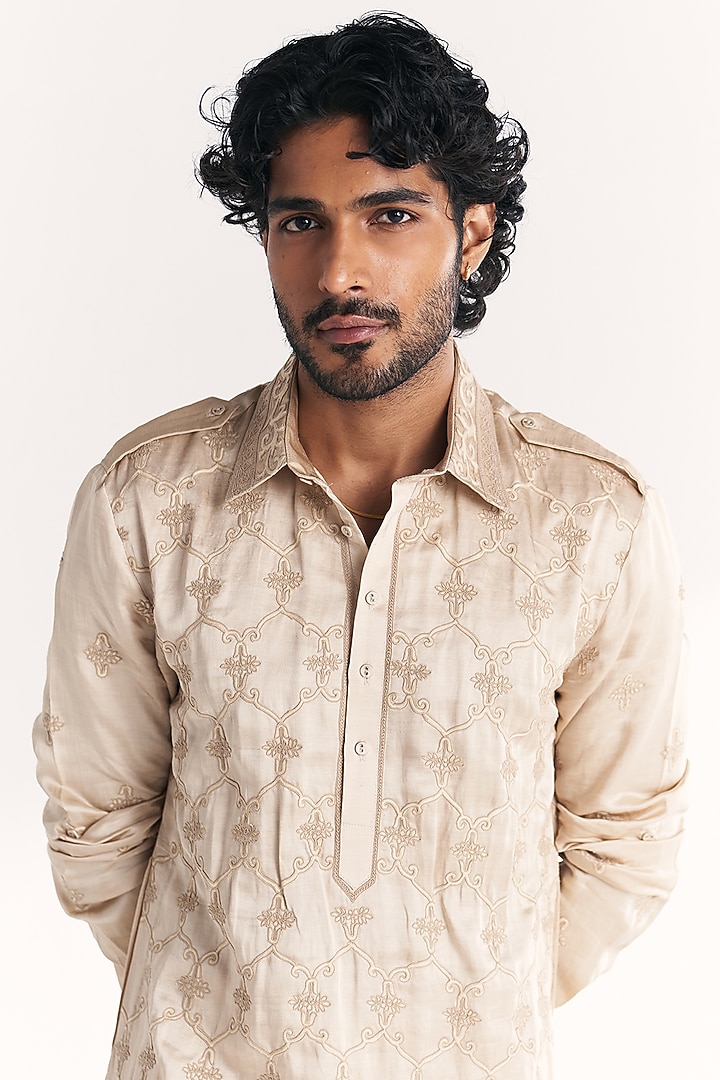Ivory Linen Satin Dori Embroidered Pathani Kurta Set by Studio Bagechaa Men at Pernia's Pop Up Shop