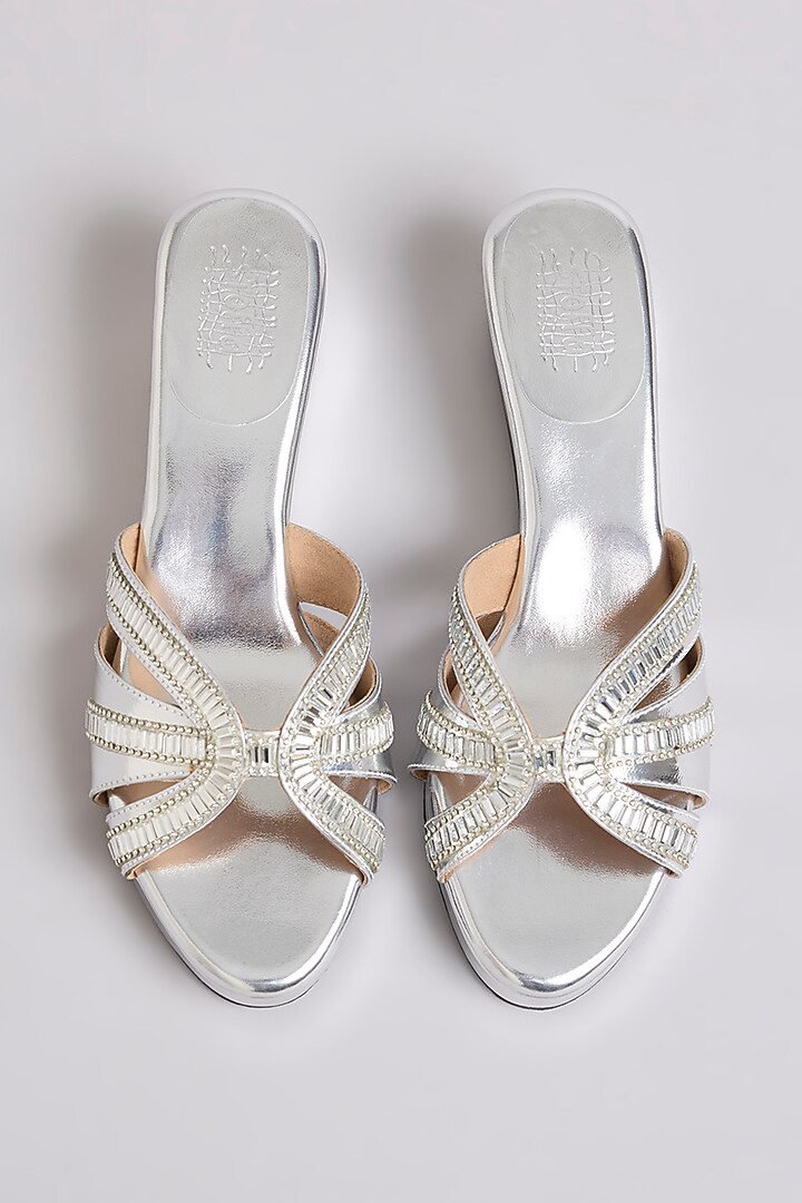 Silver Faux Leather & Suede Heels by stoffa bride at Pernia's Pop Up Shop